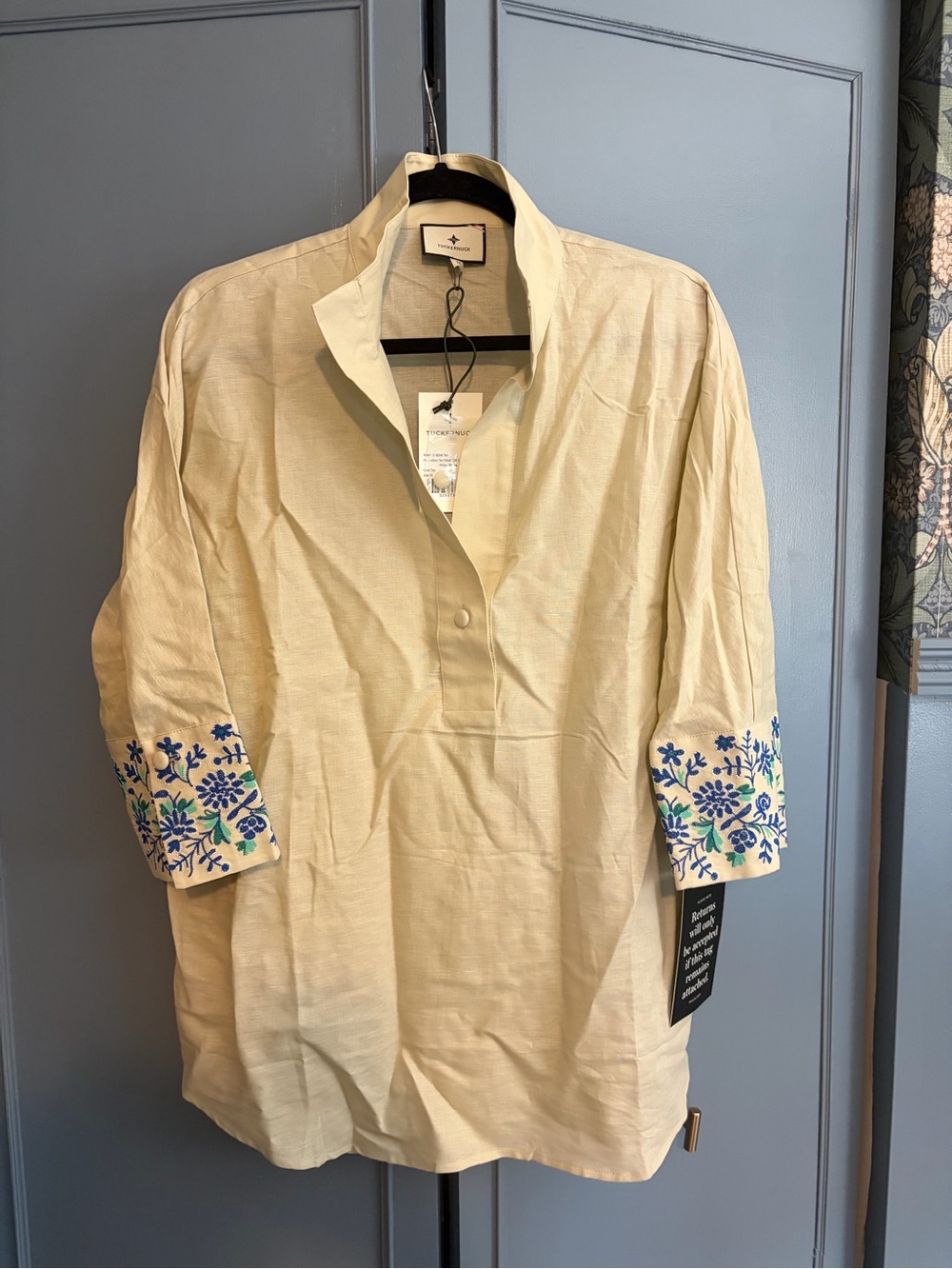Tuckernuck Tab Floral Cuff Cotton Linen Willow Blouse